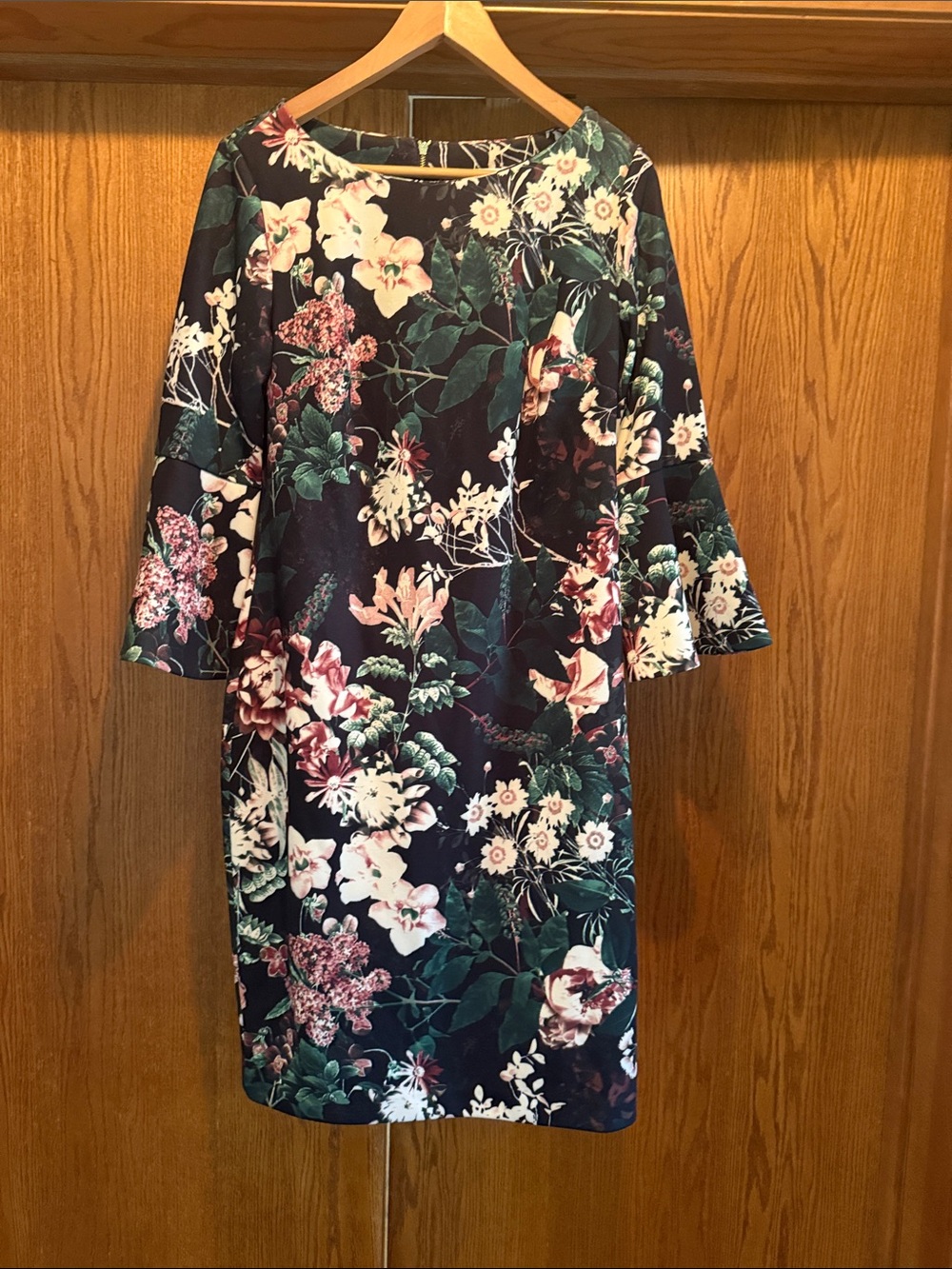 Calvin Klein Navy Floral Midi Dress with Bell Sleeves